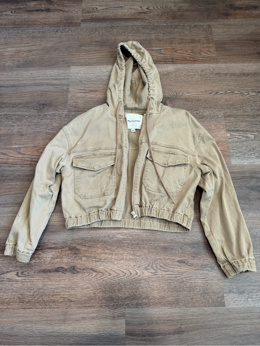 WallFlower Hooded Cropped Bomber Jacket Tan Khaki Size Medium Zip Up